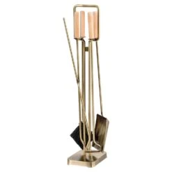 Modern Ember Levi 5 Piece Fireplace Tool Set In Aged Brass