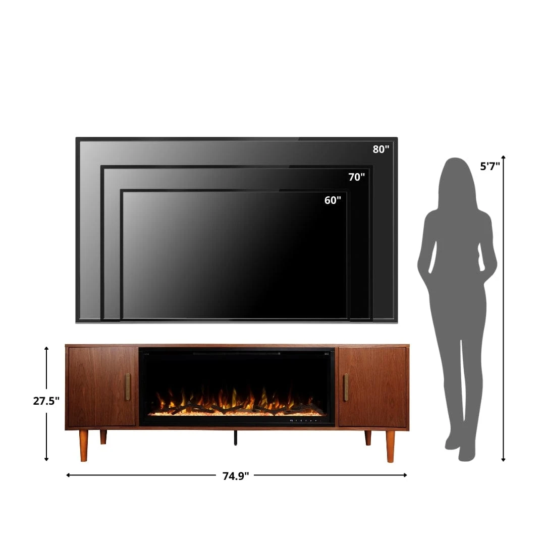 Marcel 74-in Smart Walnut Electric Fireplace TV Stand - Image 5