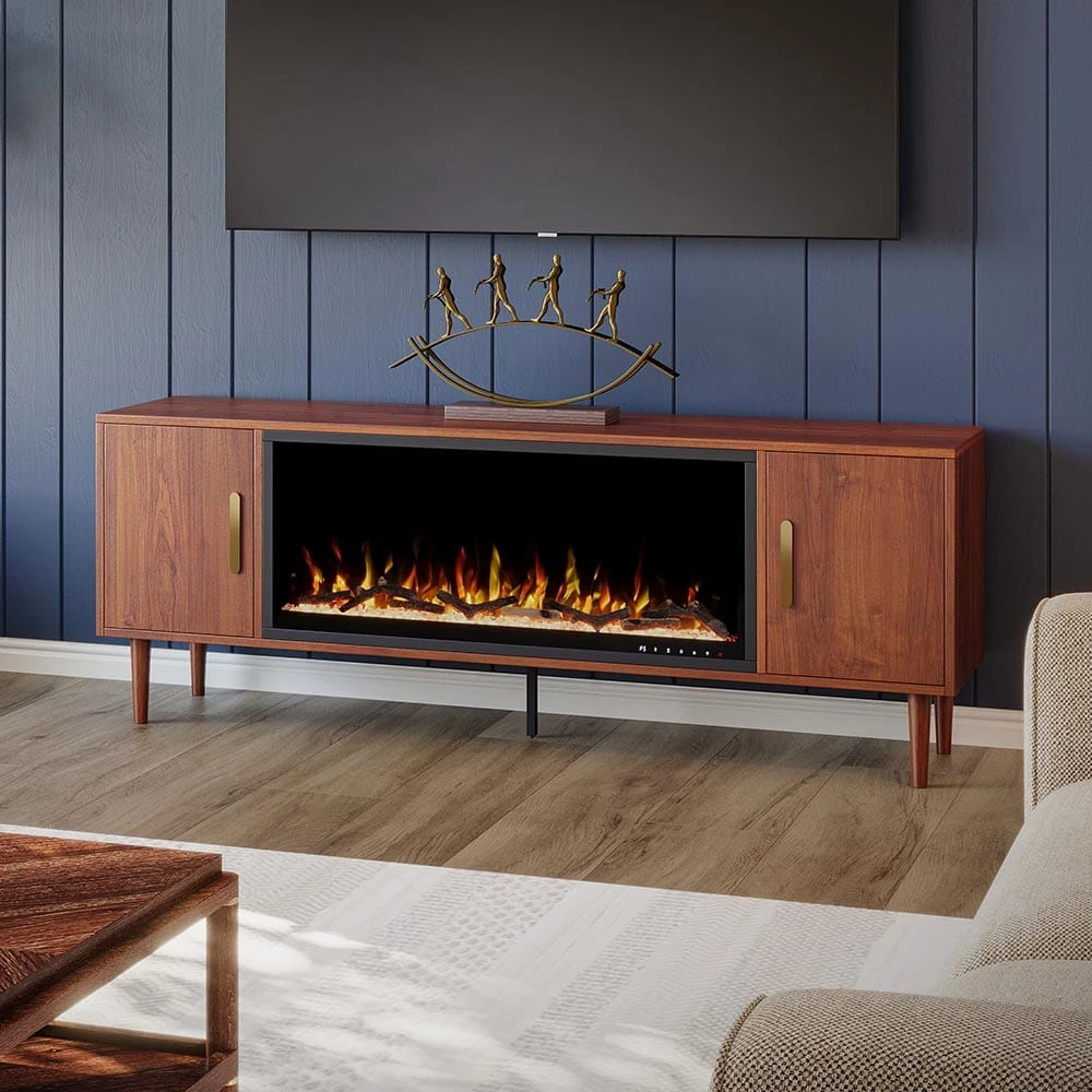 Marcel 74-in Smart Walnut Electric Fireplace TV Stand