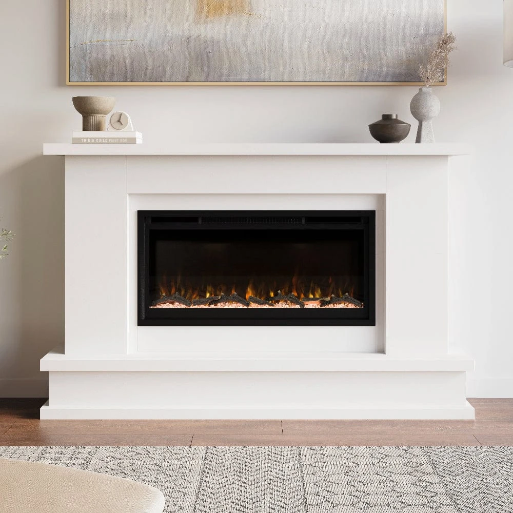 Modern Ember Patton Venetian Electric Fireplace Mantel Package In White