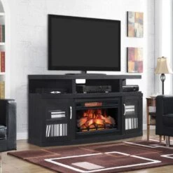 Cantilever Infrared Electric Fireplace TV Stand In Embossed Oak